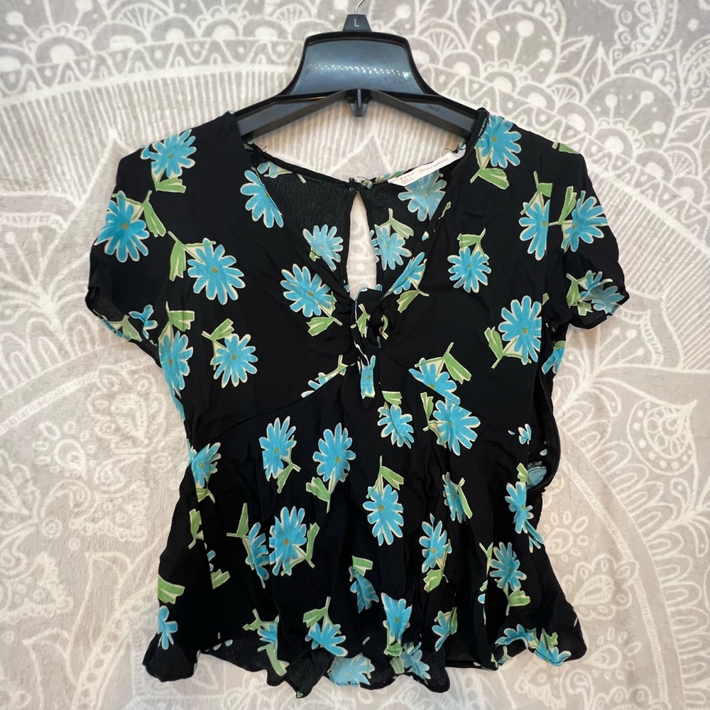 💗👚BEAUTIFUL DESIGNER TOP SHIRT BLOUSE👚💗ZARA BLACK BLUE FLORAL L 457 DRESSY
